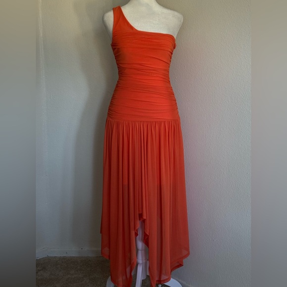 Bar III Women's One-Shoulder Handkerchief-Hem Orange Midi Dress - Picture 3 of 5